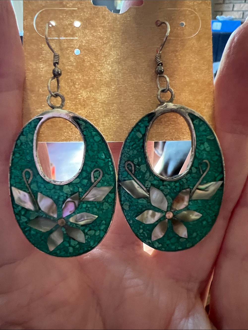 Alpaca Dangle Earrings Crushed Green and cream Brown Abalone MOP